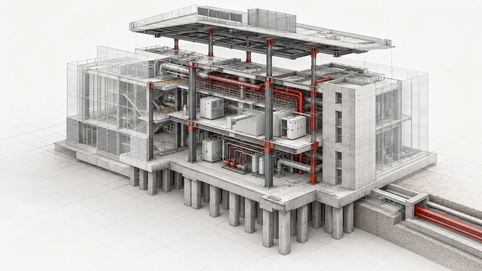 Ilustração conceitual BIM de um modelo federado em vista explodida, com estrutura, instalações e envoltória. Não representa projeto da EMECON.
